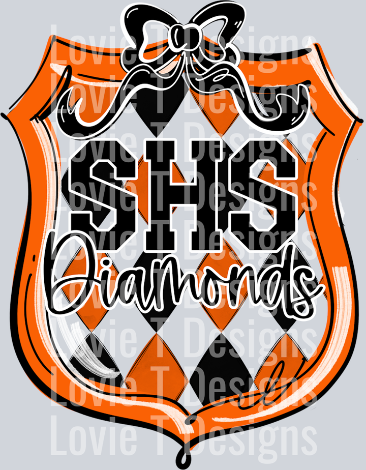 SHS DIAMONDS ORANGE CREST BLACK BOW SCHOOL CREST MASCOTS MASTER