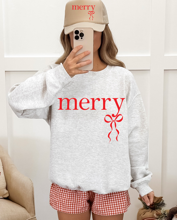 Simple Merry + Ribbon Bow Red DTF transfer design – image 1