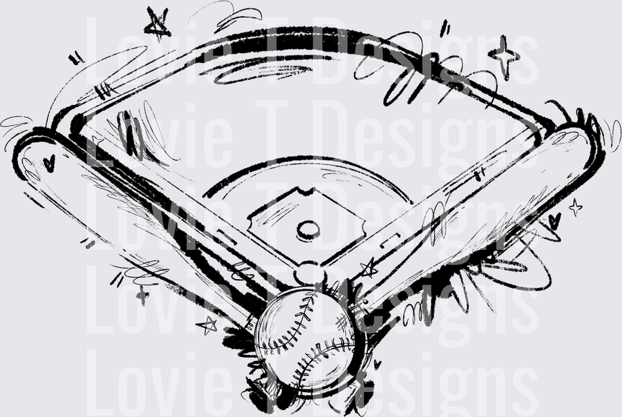 SKETCHY BASEBALL FIELD WITH BATS BALL