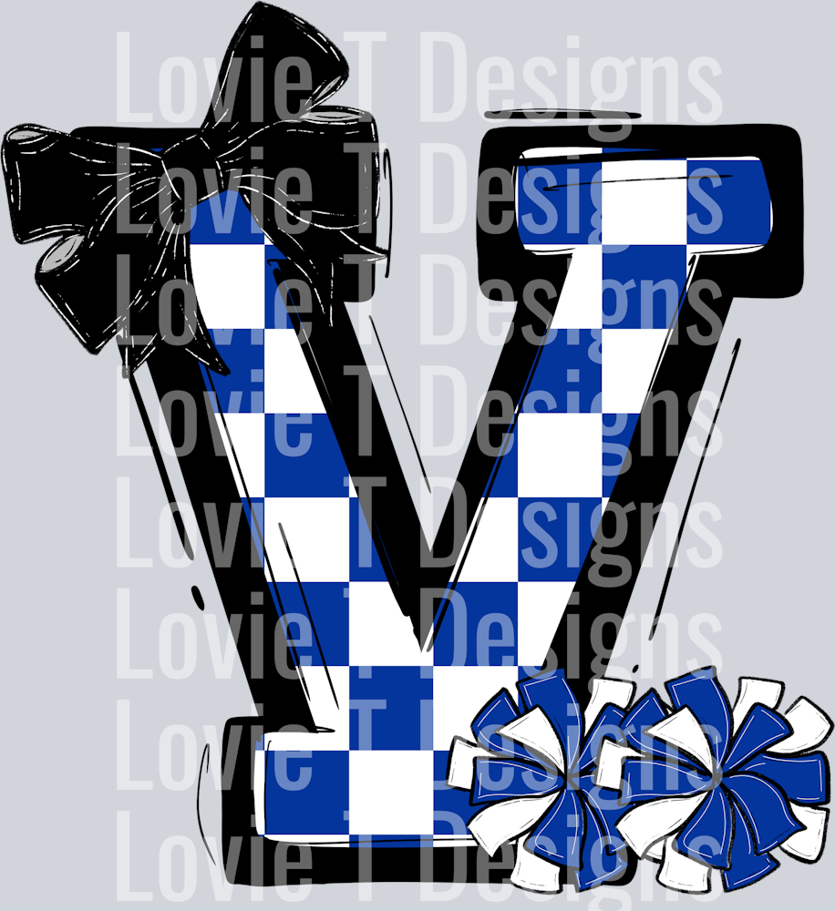 SO SPORTY ROYAL BLUE CHECK WITH BLACK BOW AND ROYAL POMS