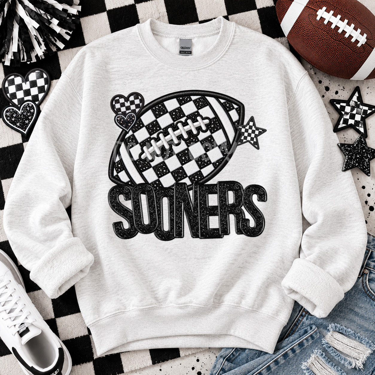 Checkered Football Faux Embroidery Mascots SOONERS design