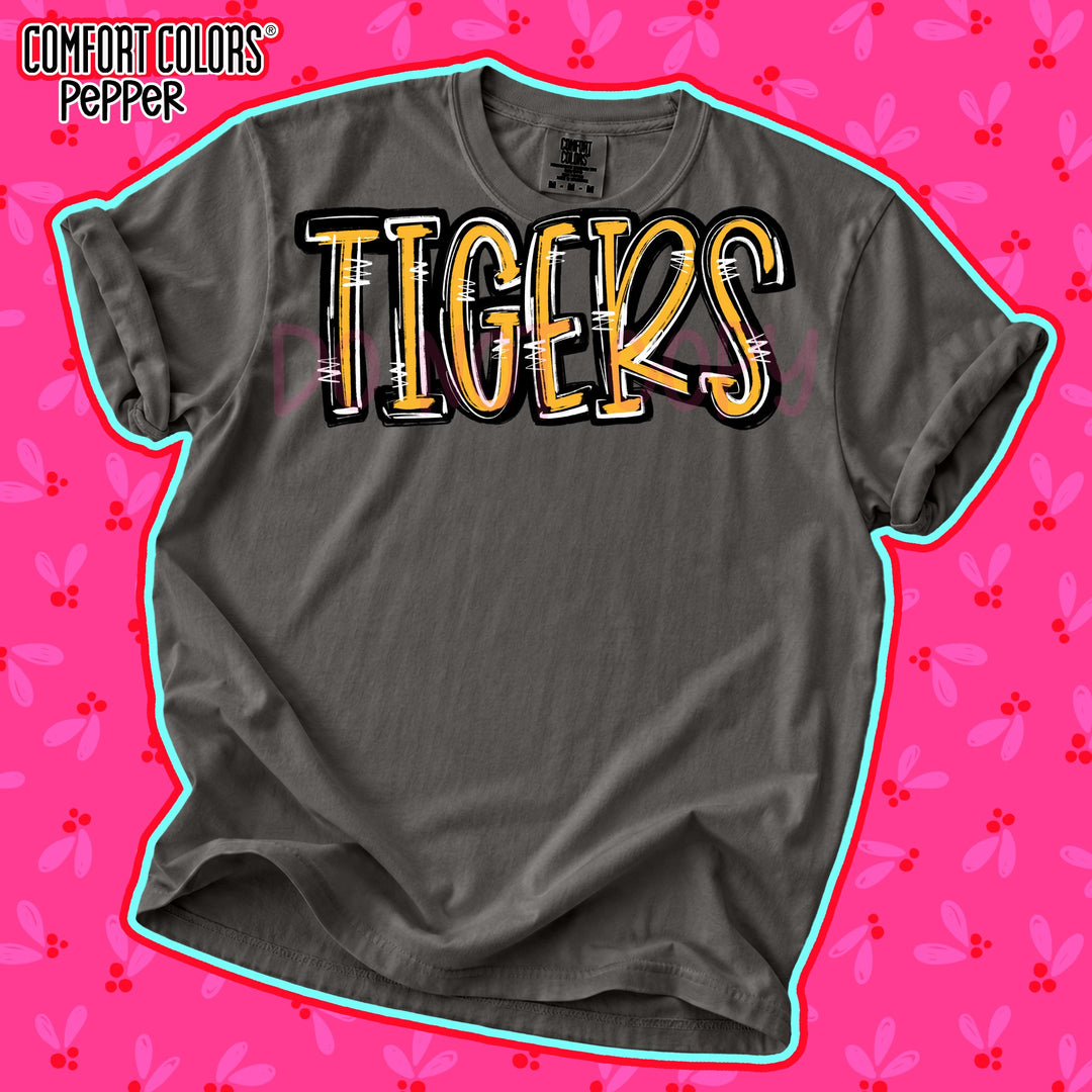 Tigers Yellow Gold Black Spirit Stack Mascots DTF transfer mockup
