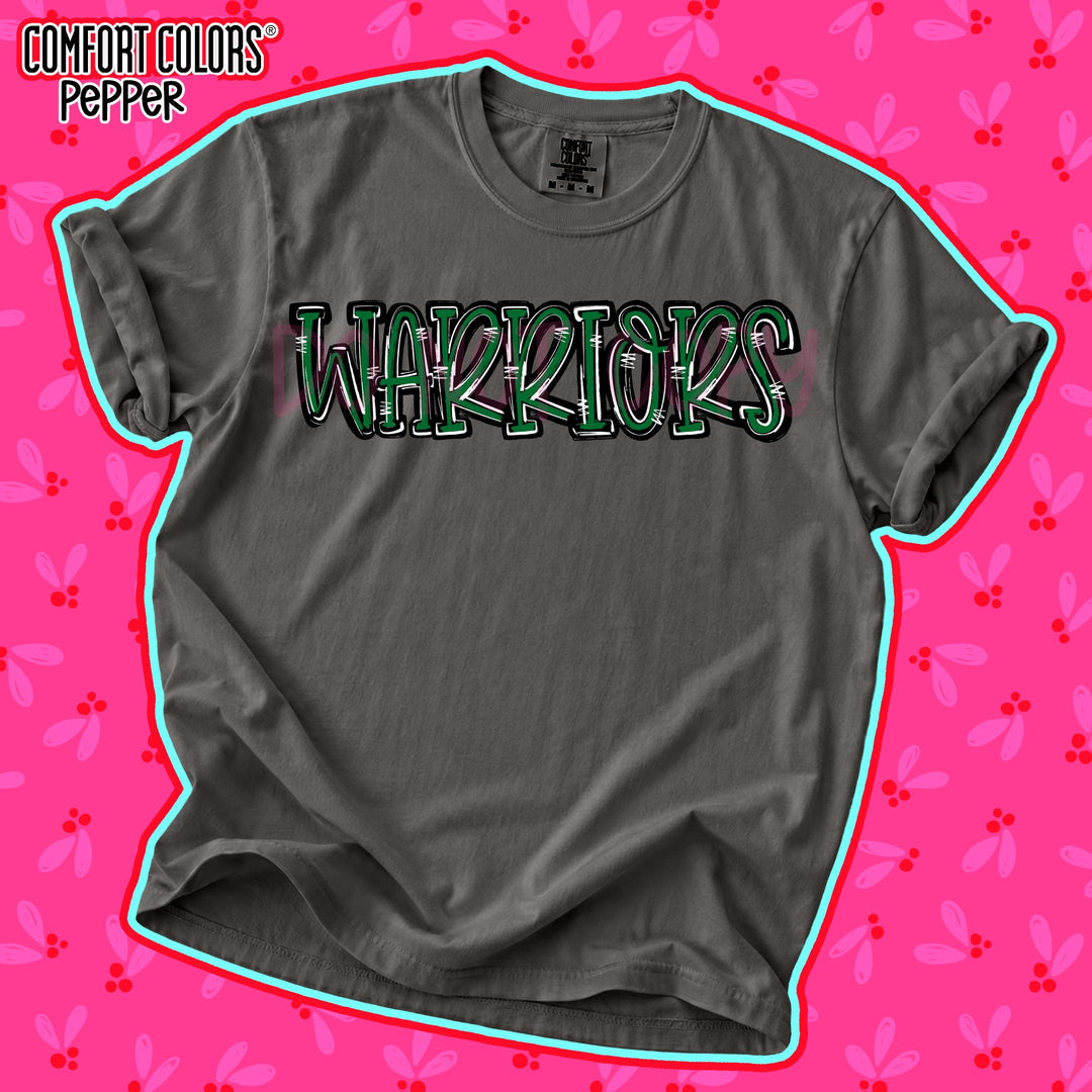 Warriors Kelly Green Black Spirit Stack Mascots DTF transfer mockup