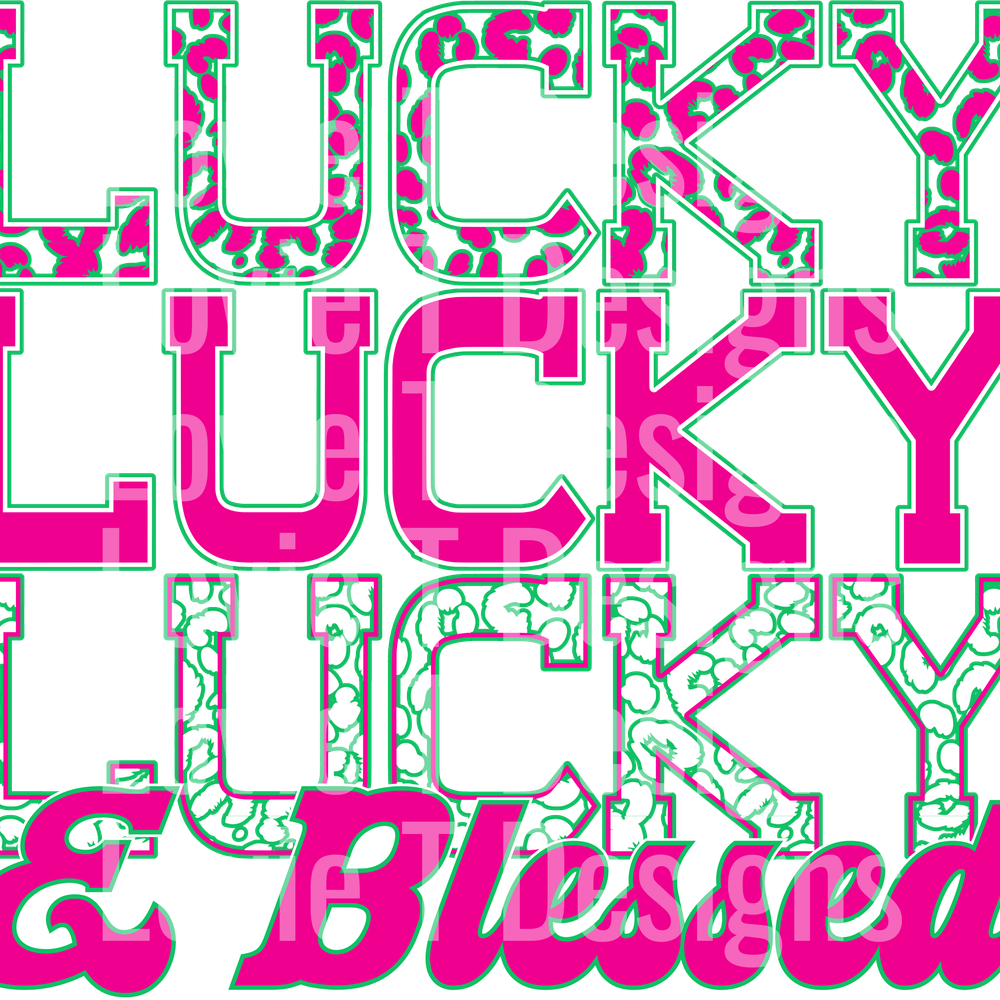 STACKED LEOPARD LUCKY AND BLESSED GREEN AND PINK