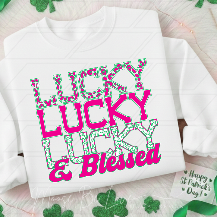 STACKED LEOPARD LUCKY AND BLESSED GREEN AND PINK