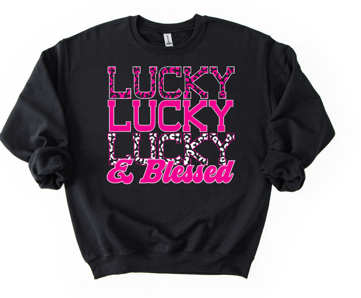 STACKED LEOPARD LUCKY AND BLESSED PINK WHITE