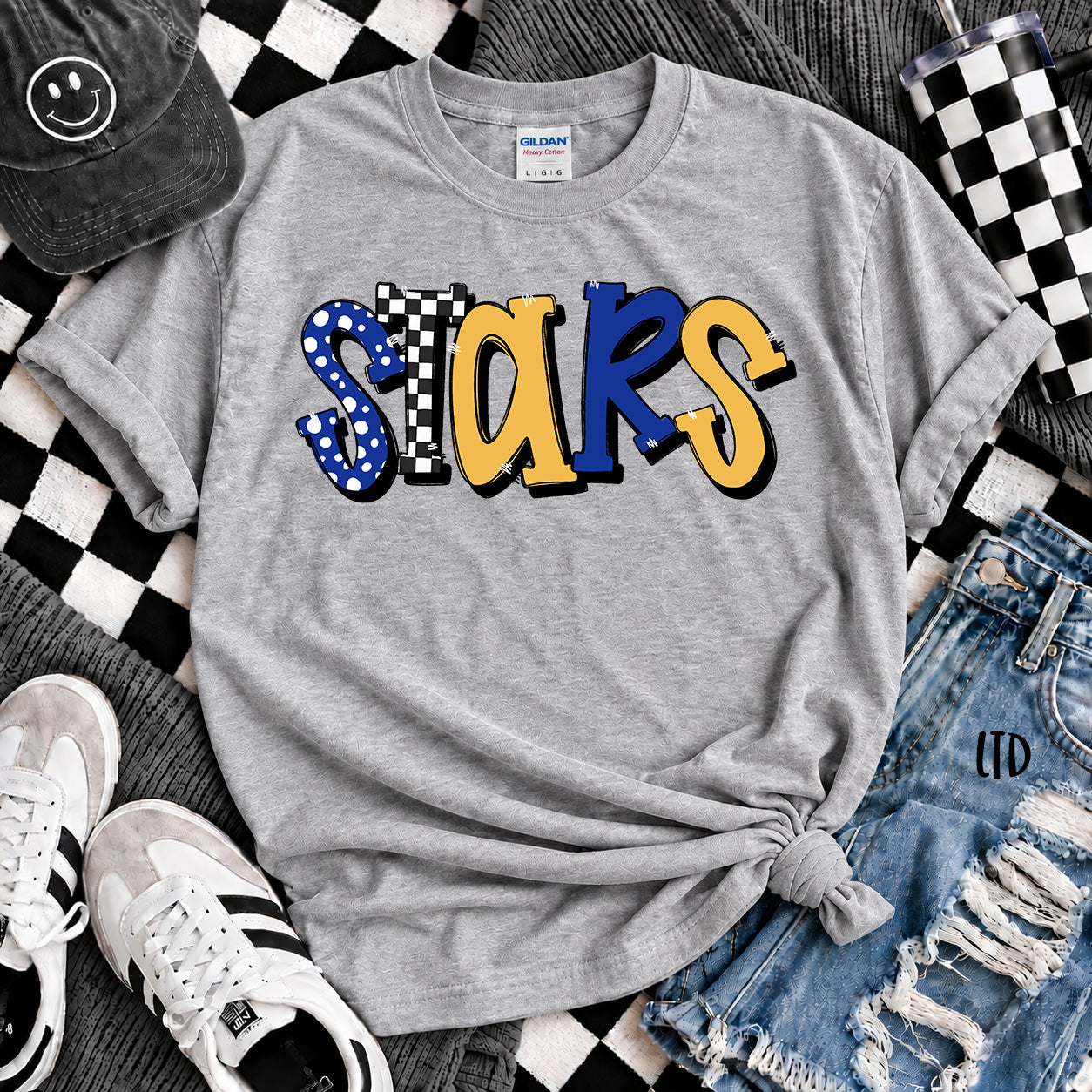Dot Dot Check Mix Mascots Stars Royal Blue Yellow Gold design
