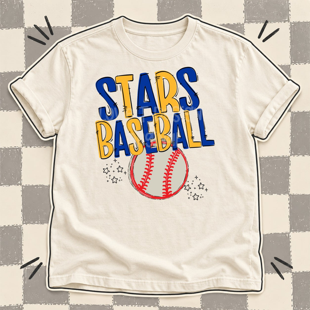 Stars Royal Blue Yellow Gold Team Go Baseball Mascots DTF transfer mockup
