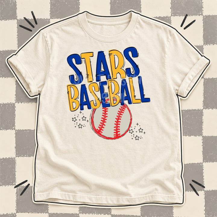 Stars Royal Blue Yellow Gold Team Go Baseball Mascots DTF transfer mockup
