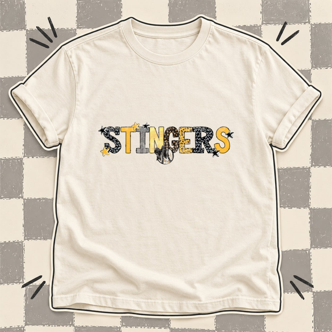 Stingers Black Yellow Gold Mixed Doodle Baseball Mascots – Mascot Colors DTF transfer mockup