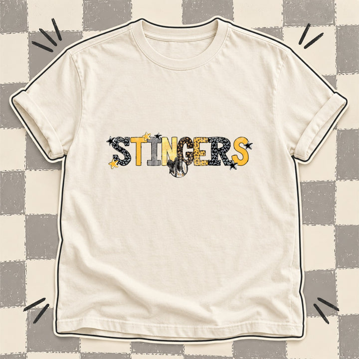Stingers Black Yellow Gold Mixed Doodle Baseball Mascots – Mascot Colors DTF transfer mockup