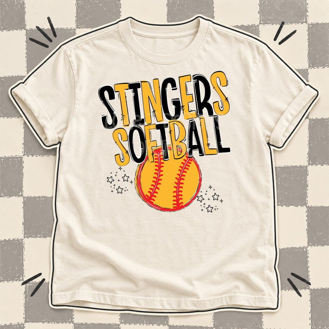 Stingers Black Yellow Gold Team Go Softball Mascots DTF transfer mockup