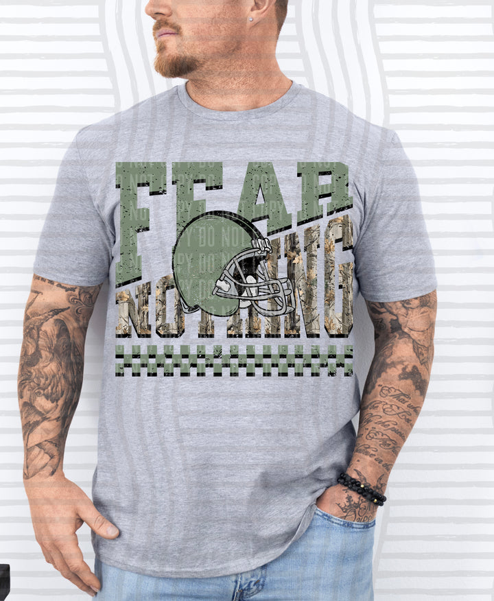Sage Fear Nothing Helmet DTF transfer pressed on a tee