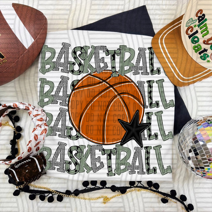 Sage Quad Stacked Basketball DTF transfer on a white tee