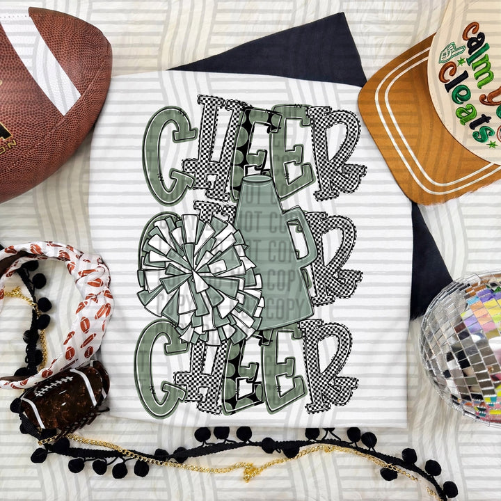 Sage Tri Stacked Cheer DTF transfer on a white tee