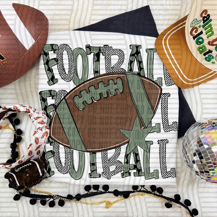 Sage Tri Stacked Football DTF transfer on a white tee