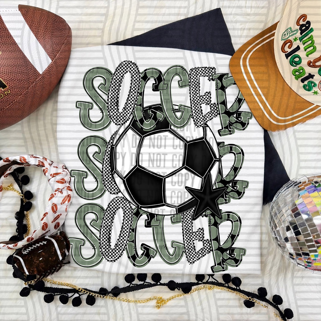 Sage Tri Stacked Soccer DTF transfer on a white tee