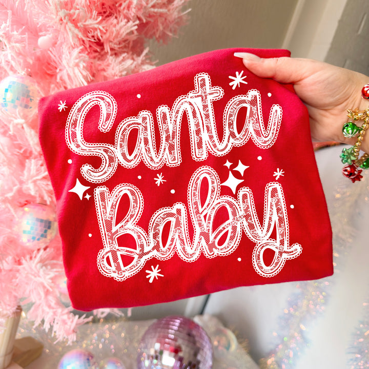 Santa Baby Lace Script (White) DTF transfer – mockup