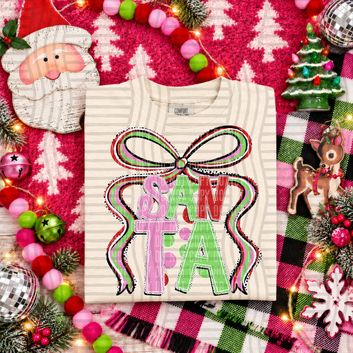 Santa Christmas Bow DTF transfer pressed on a tee