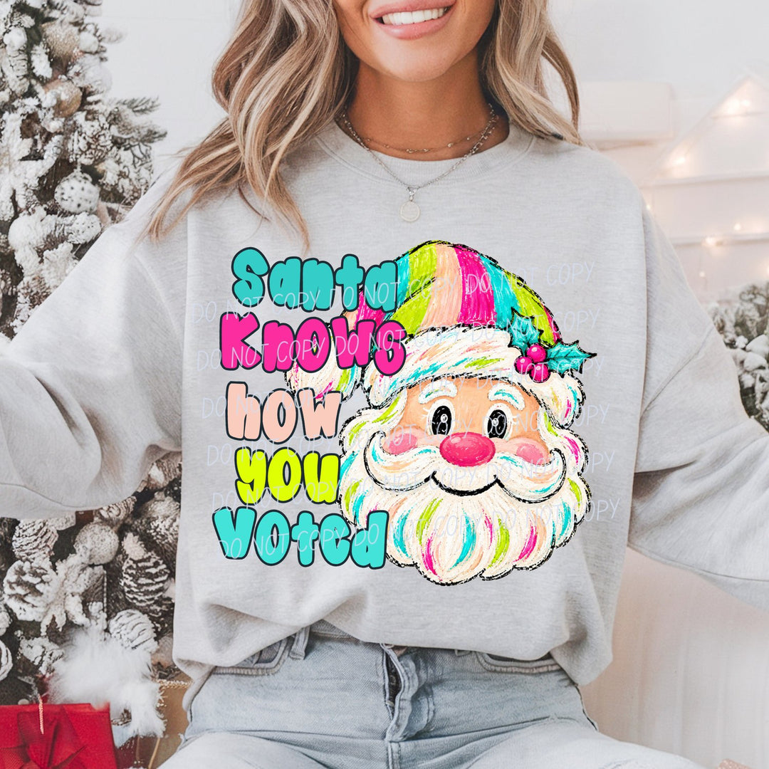 Santa Knows DTF transfer mockup