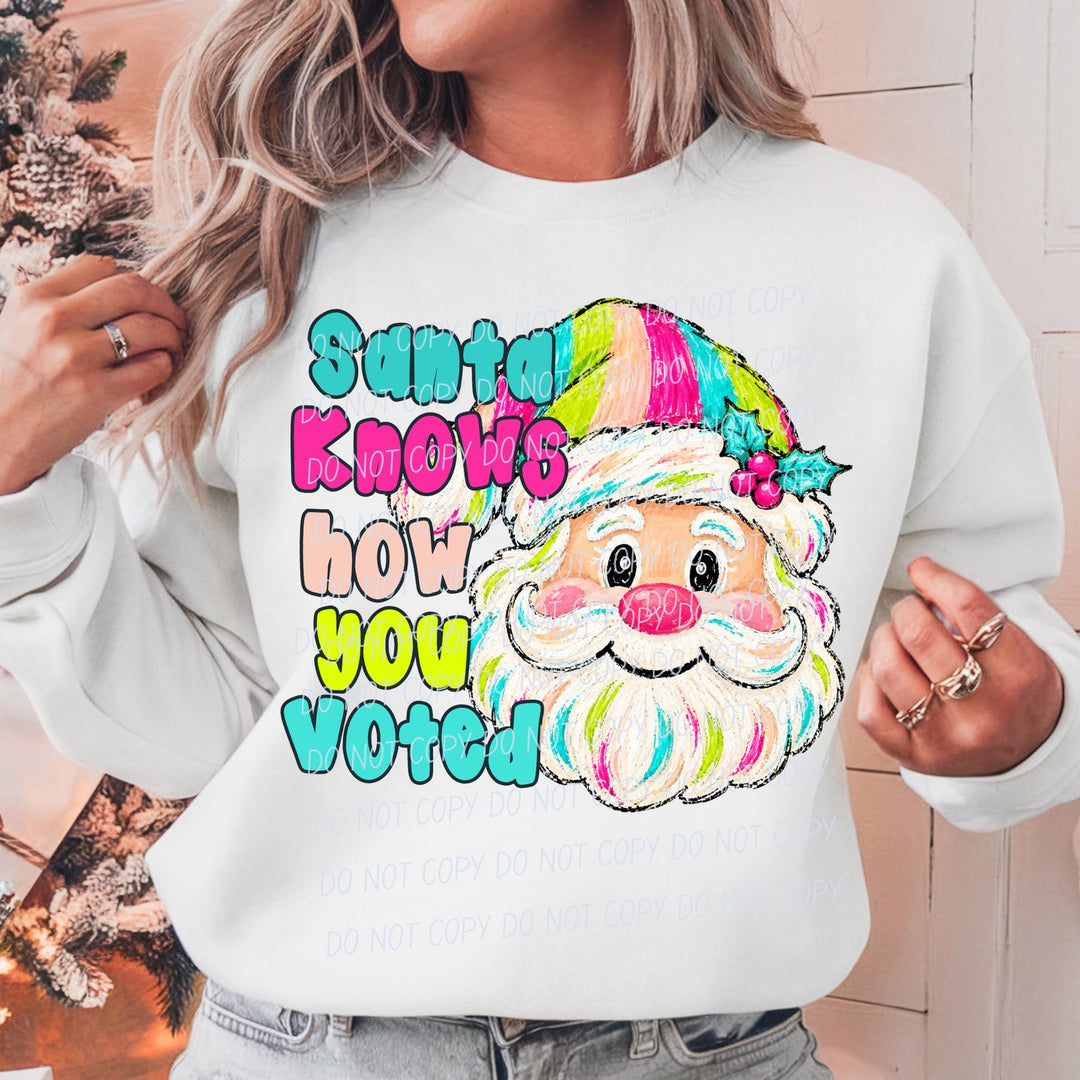 Santa Knows DTF transfer mockup 2