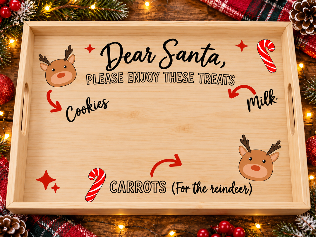 Dear Santa Please Enjoy These Treats black text design on a natural wood breakfast tray mockup