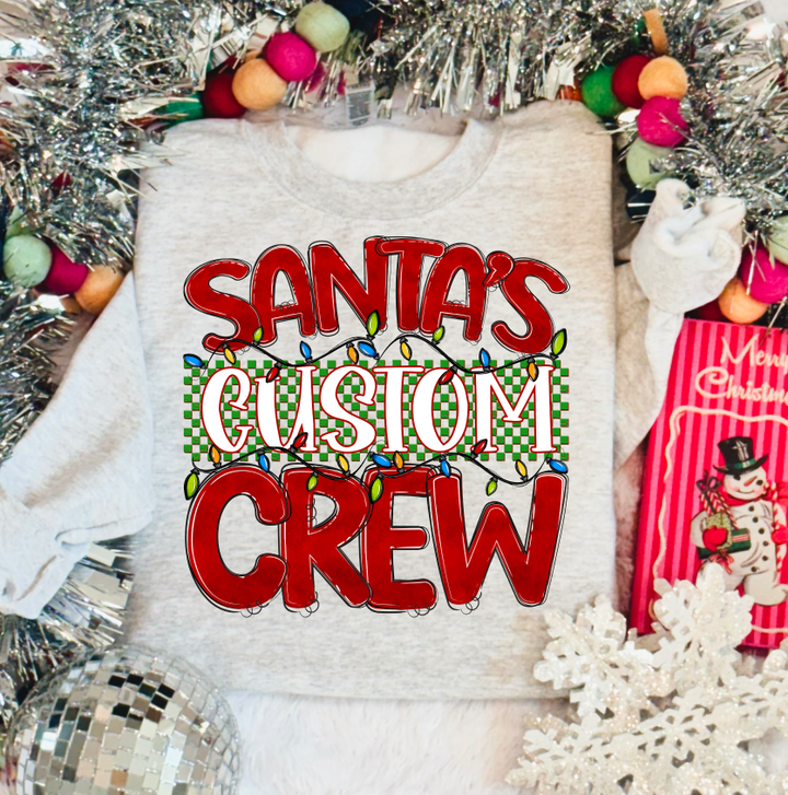 Santa's Crew Mascot customizable DTF transfer mockup on a gray sweatshirt