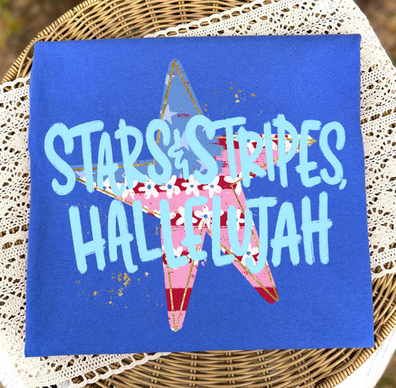 STARS AND STRIPES HALLELUJAH LIGHT BLUE Americana DTF transfer design