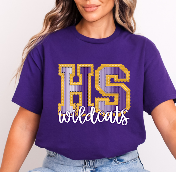 TWO INITIALS PREPSTER HS YELLOW BASE PURPLE TOP WILDCATS