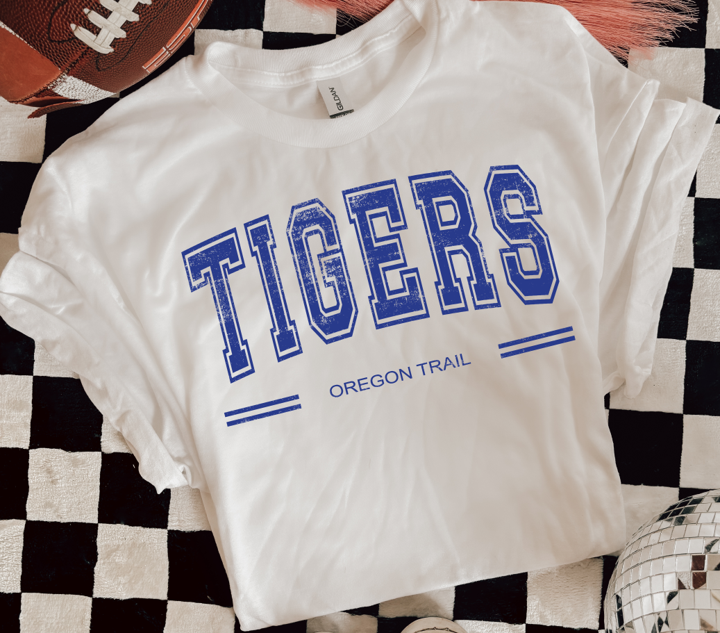 DISTRESSED VARSITY TIGERS OREGON TRAILER ROYAL BLUE