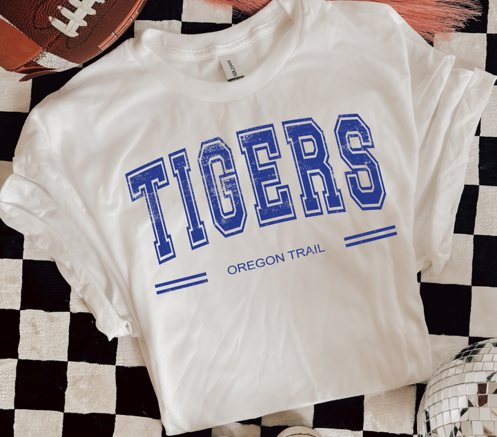 DISTRESSED VARSITY TIGERS OREGON TRAILER ROYAL BLUE