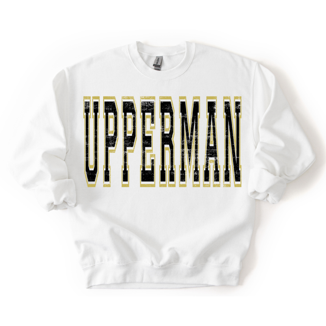 Upperman Black and Vegas Gold Grunge Mascot – DTF Transfer