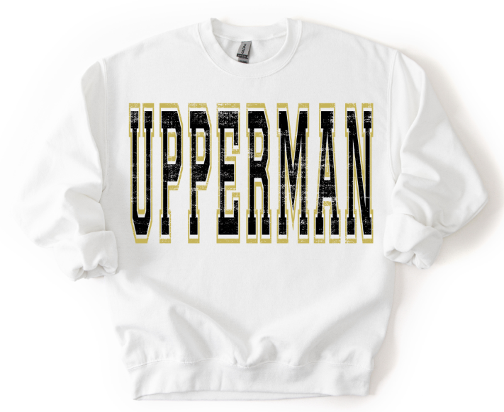 Upperman Black and Vegas Gold Varsity Style DTF transfer design – image 1