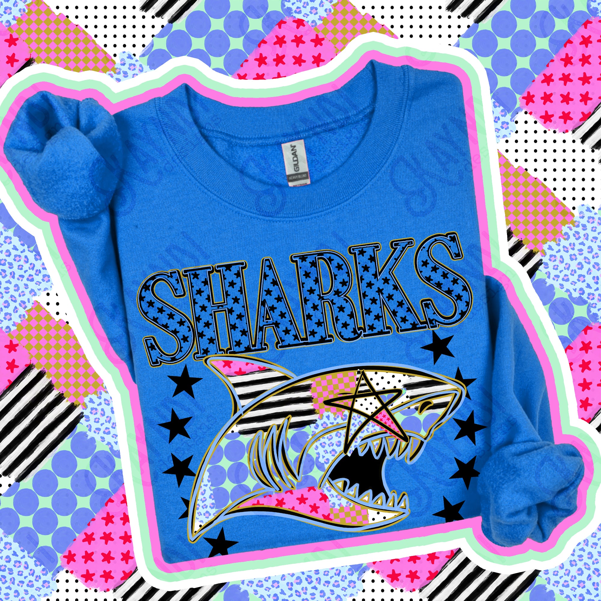 Patchwork Varsity Stars Mascots Sharks design