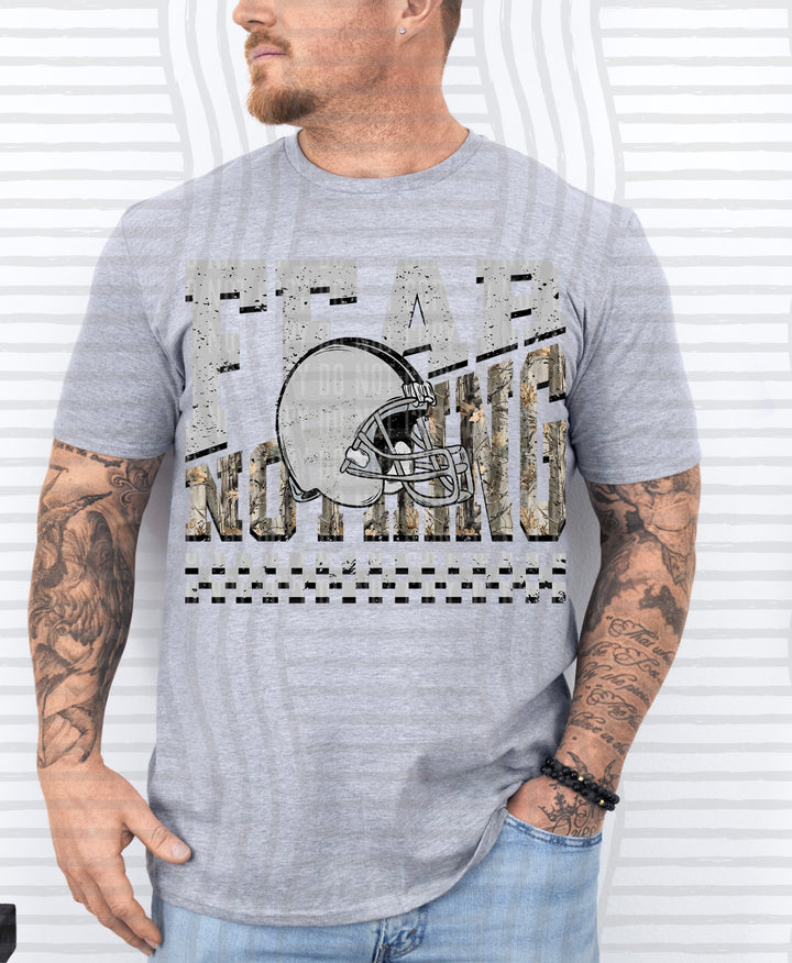 Silver Fear Nothing Helmet DTF transfer pressed on a tee