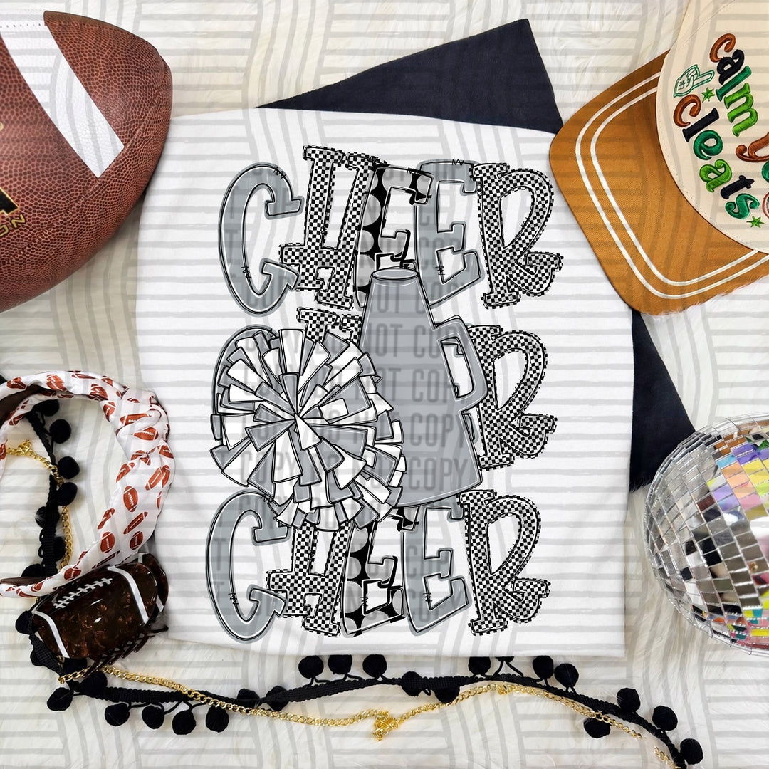 Silver Tri Stacked Cheer DTF transfer on a white tee