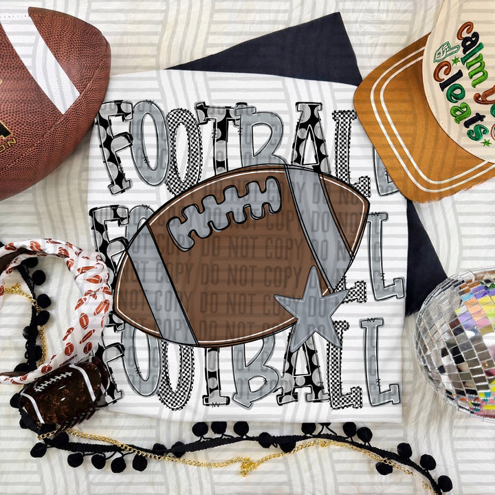 Silver Tri Stacked Football DTF transfer on a white tee