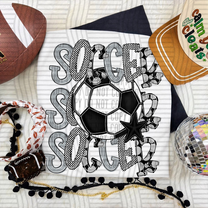 Silver Tri Stacked Soccer DTF transfer on a white tee