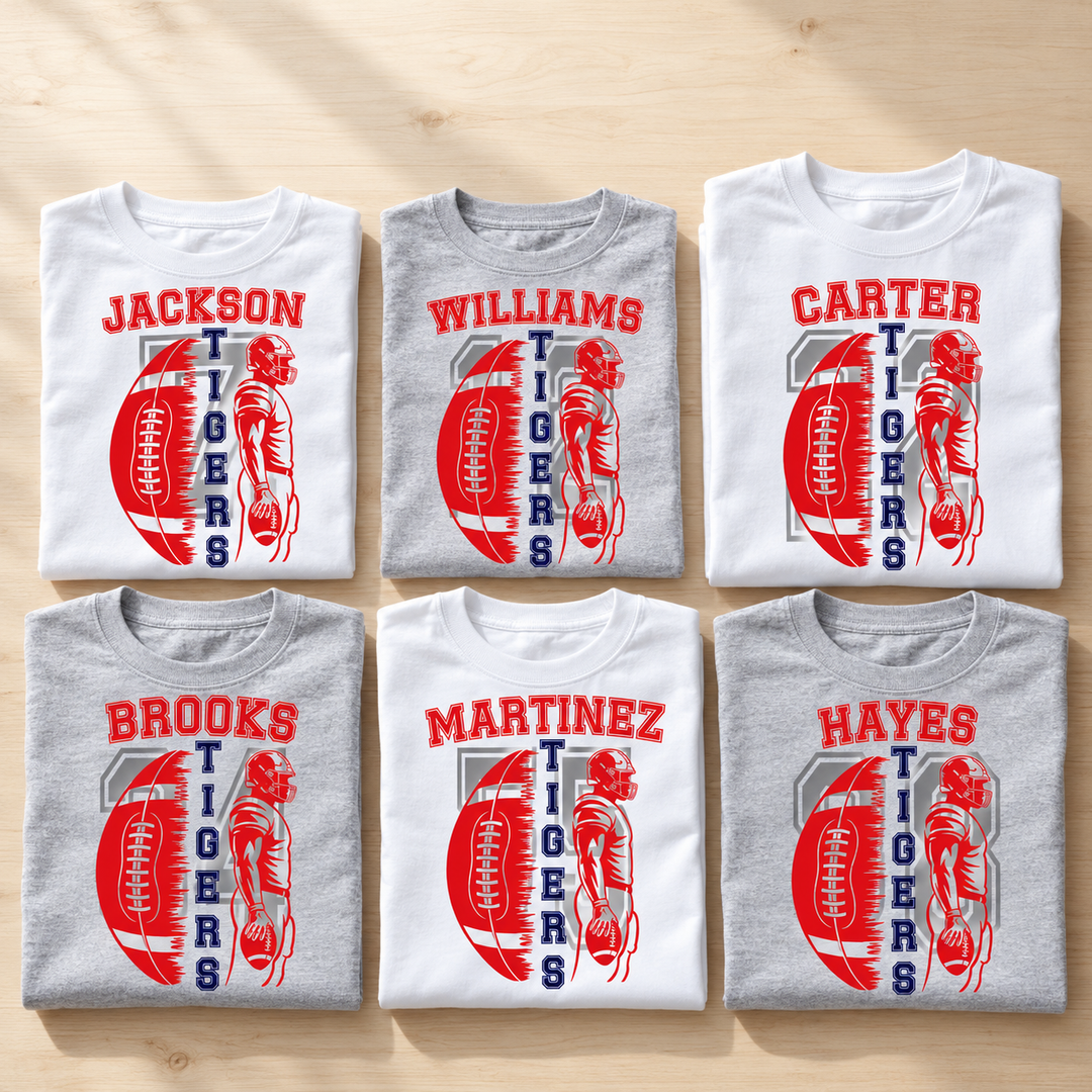 Team Pack custom football transfers on six tees, each with its own player name and number