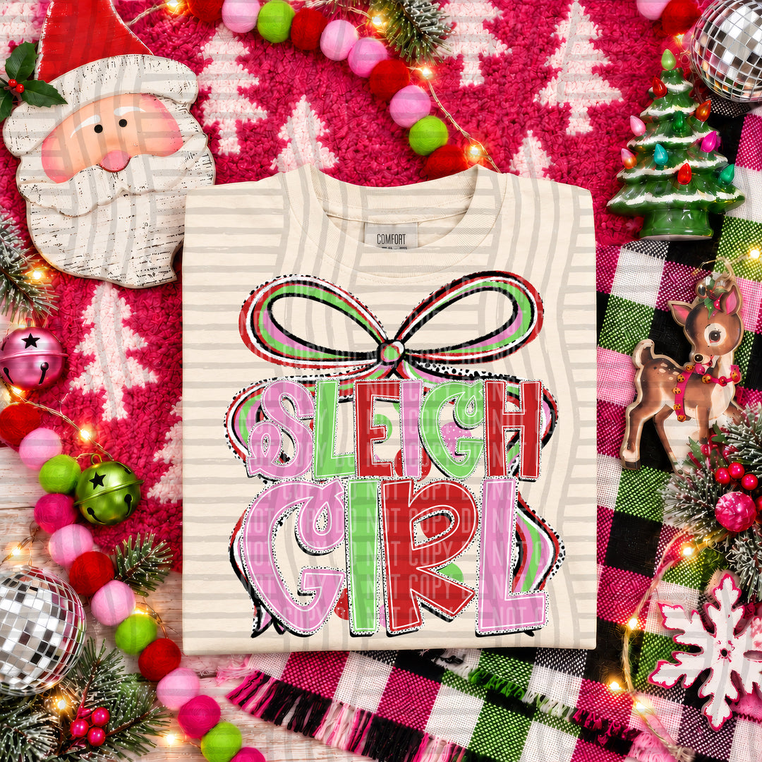 Sleigh Girl Christmas Bow DTF transfer pressed on a tee