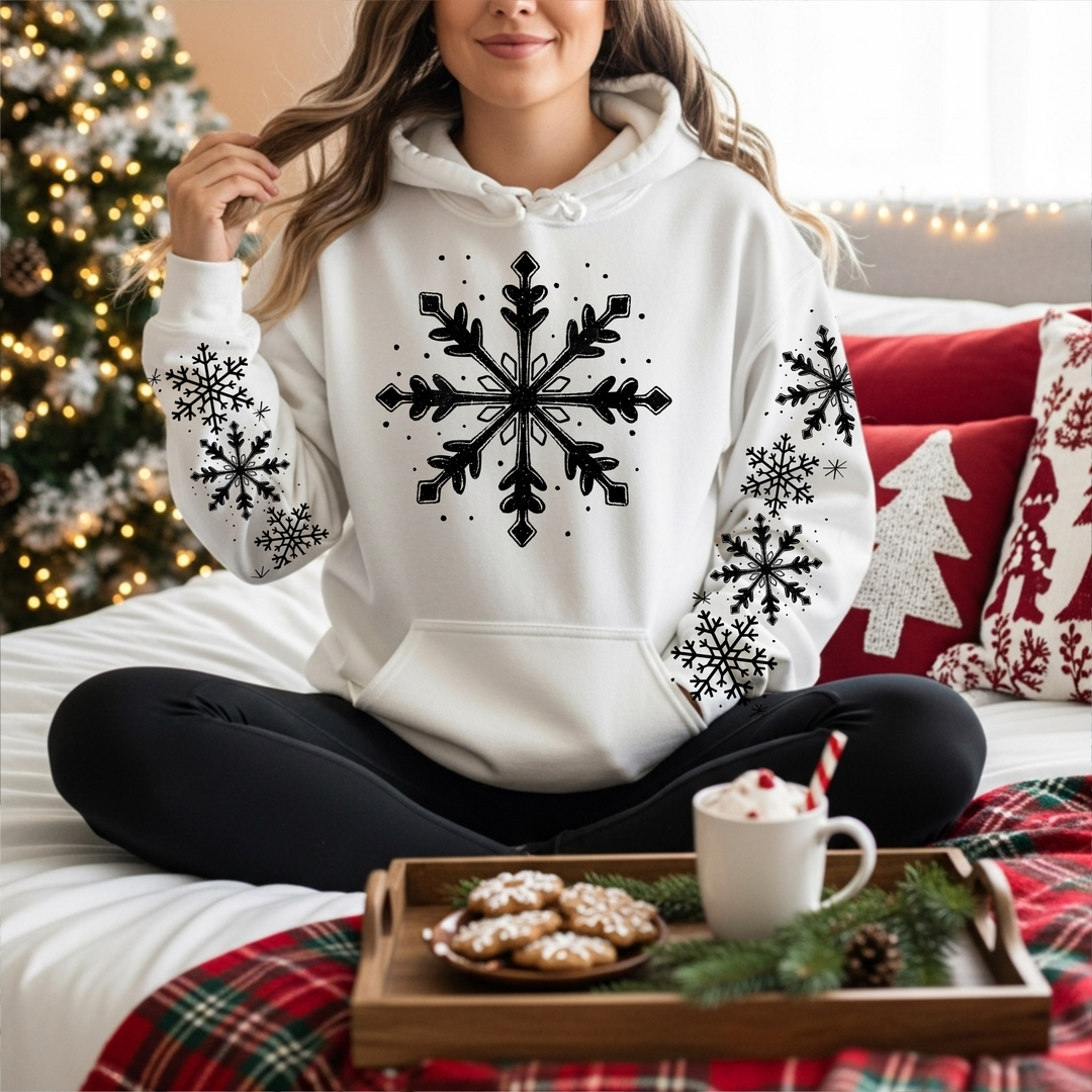 Bold Snowflake (Black) front and sleeve DTF transfers – mockup