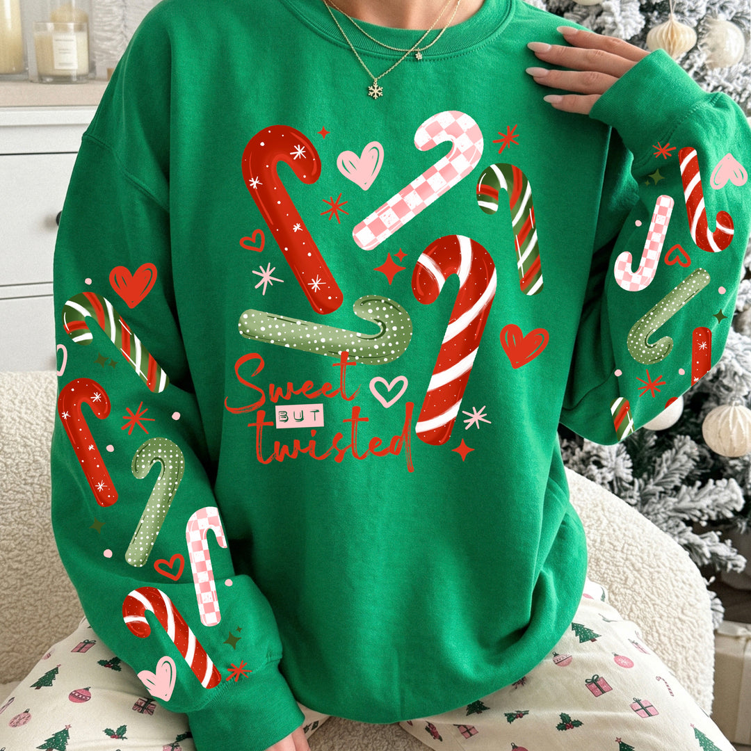 Sweet But Twisted Candy Canes front and sleeve DTF transfers – mockup