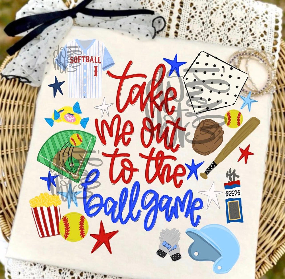 Take Me Out Ball Game Softball DTF transfer design