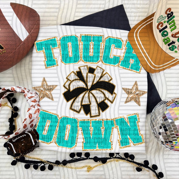 Teal Touchdown Faux Chenille Cheer DTF transfer