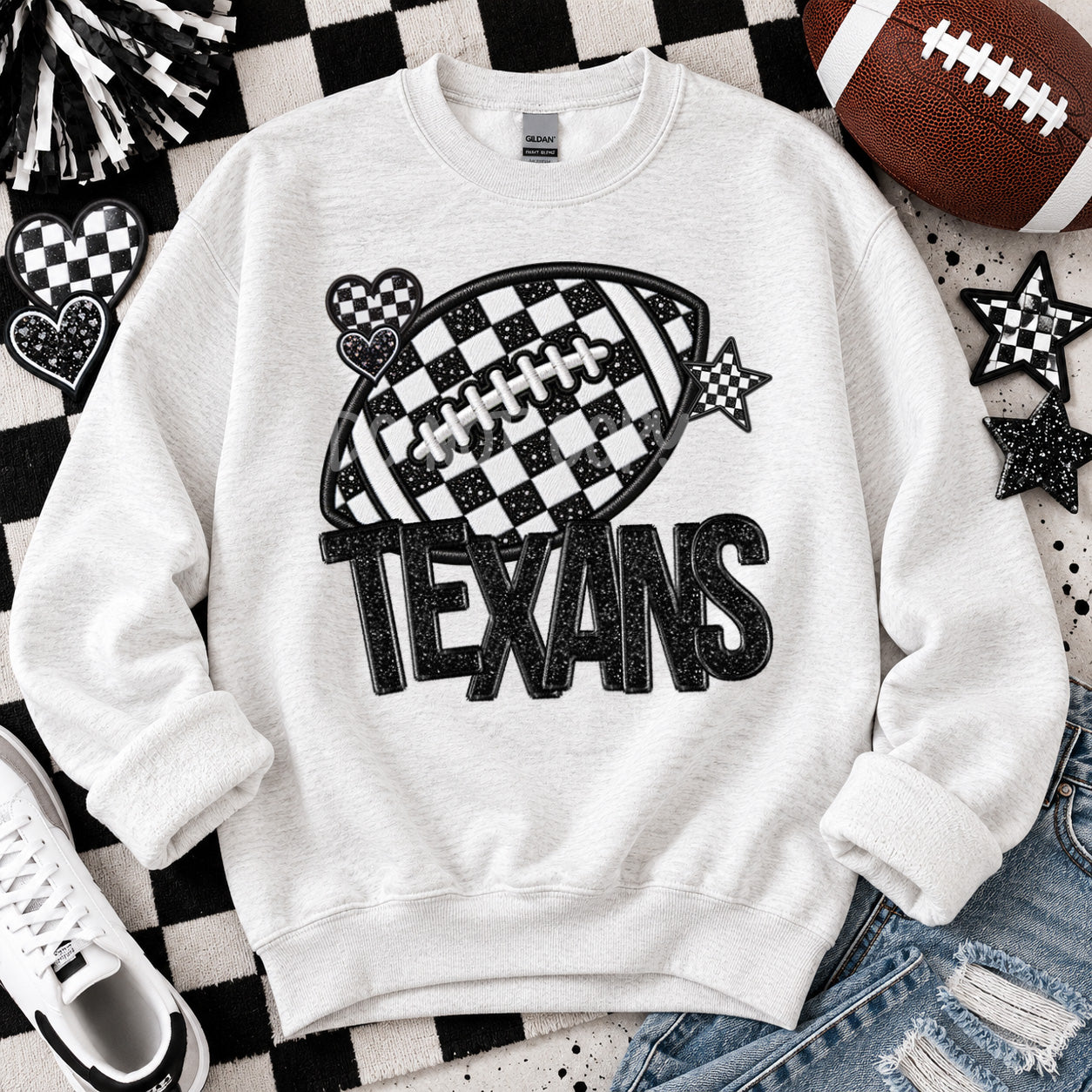 Checkered Football Faux Embroidery Mascots TEXANS design