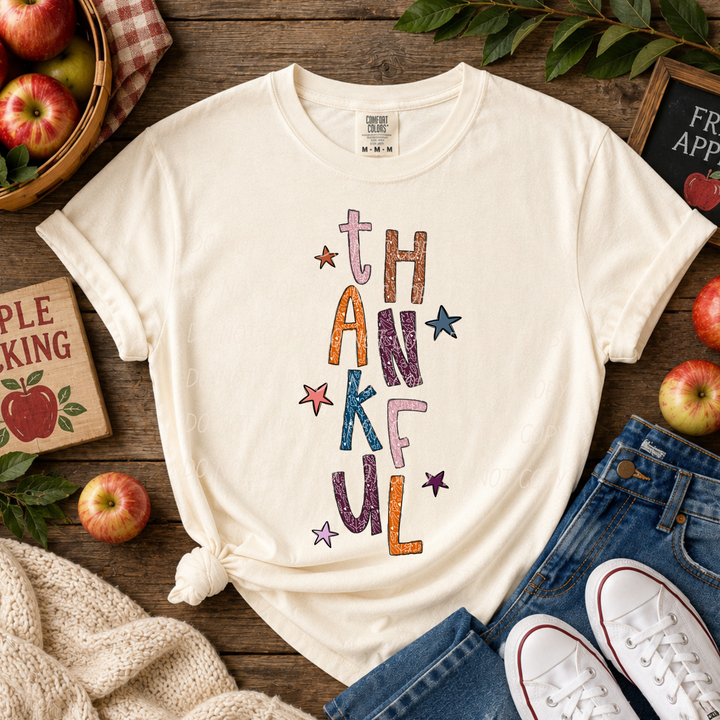 Thankful 2 Thanksgiving DTF transfer shown on apparel