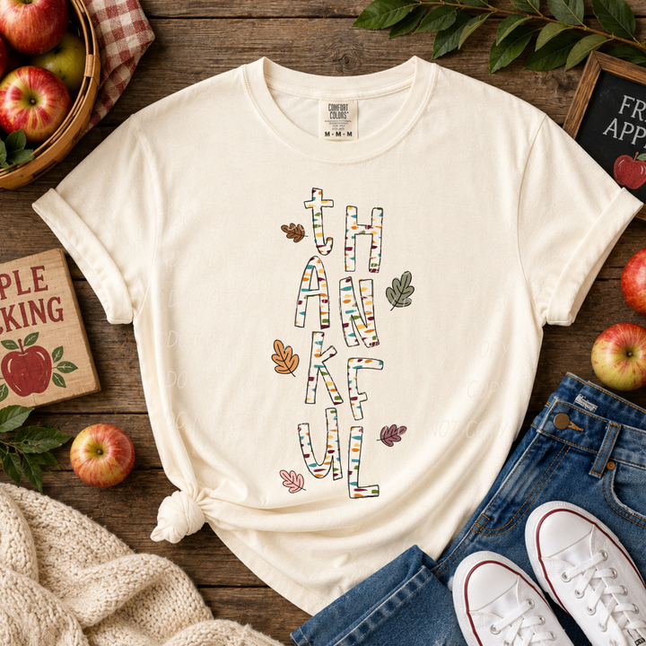Thankful Thanksgiving DTF transfer shown on apparel
