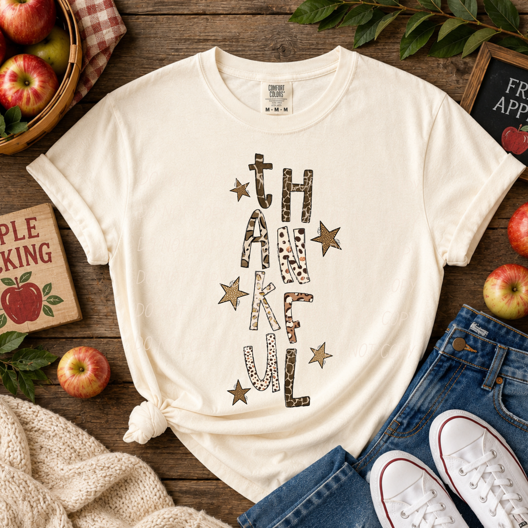 Thankful Animal Print Thanksgiving DTF transfer shown on apparel