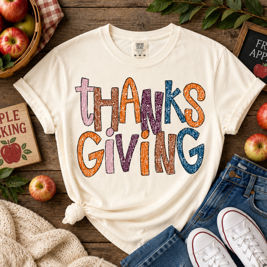 Thanksgiving DTF transfer shown on apparel