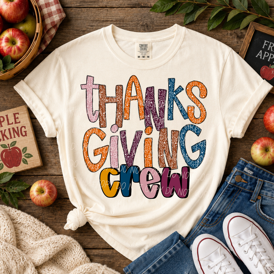 Thanksgiving Crew DTF transfer shown on apparel